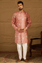 Peach Viscose Rayon Embroidered Mandarin Collar Straight Kurta MKU1989