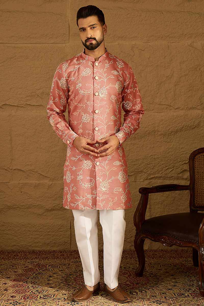 Peach Viscose Rayon Embroidered Mandarin Collar Straight Kurta MKU1989