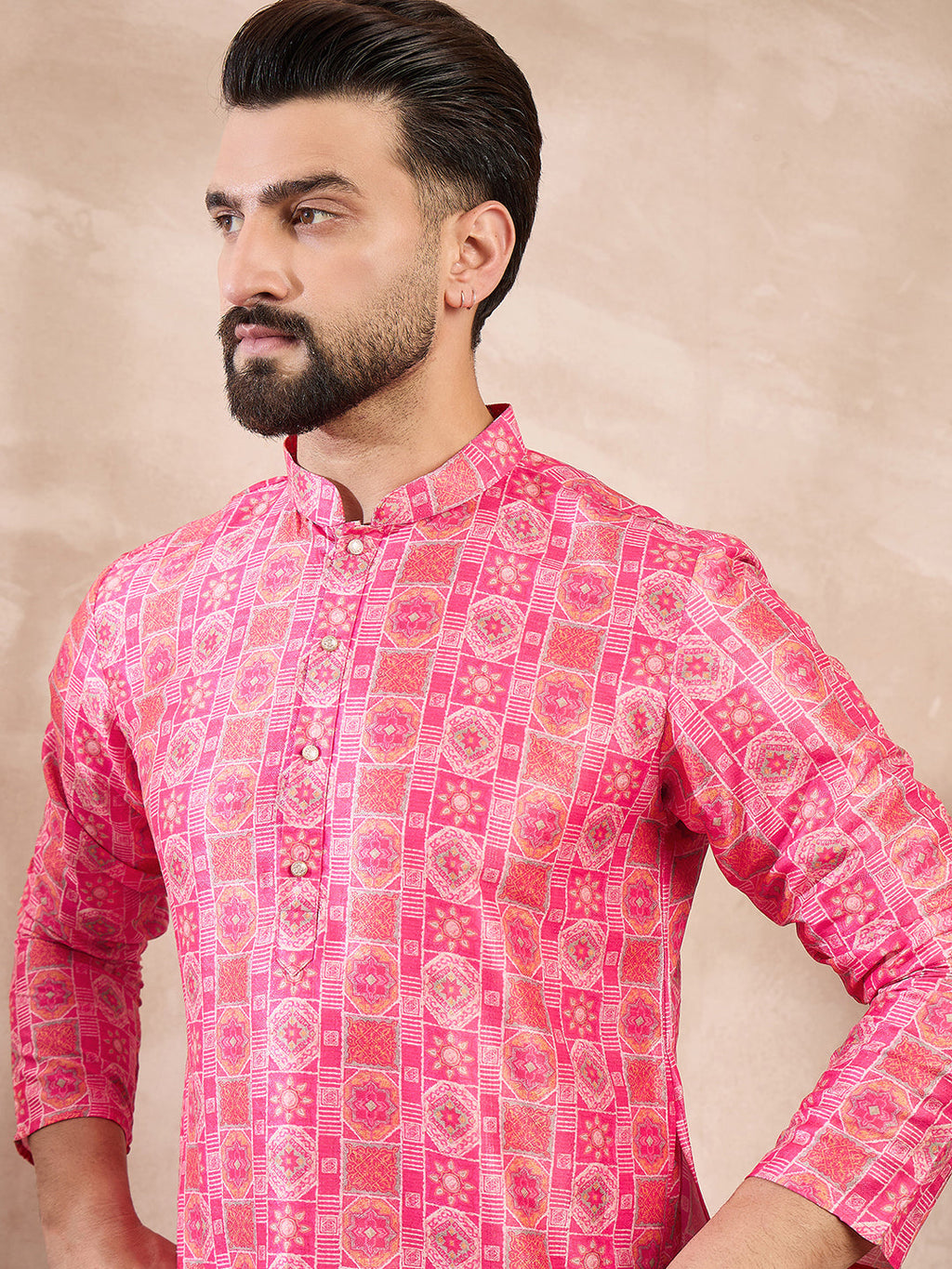 Men Pink Silk Blend Ethnic Motifs Printed Straight Kurta-MKU1990