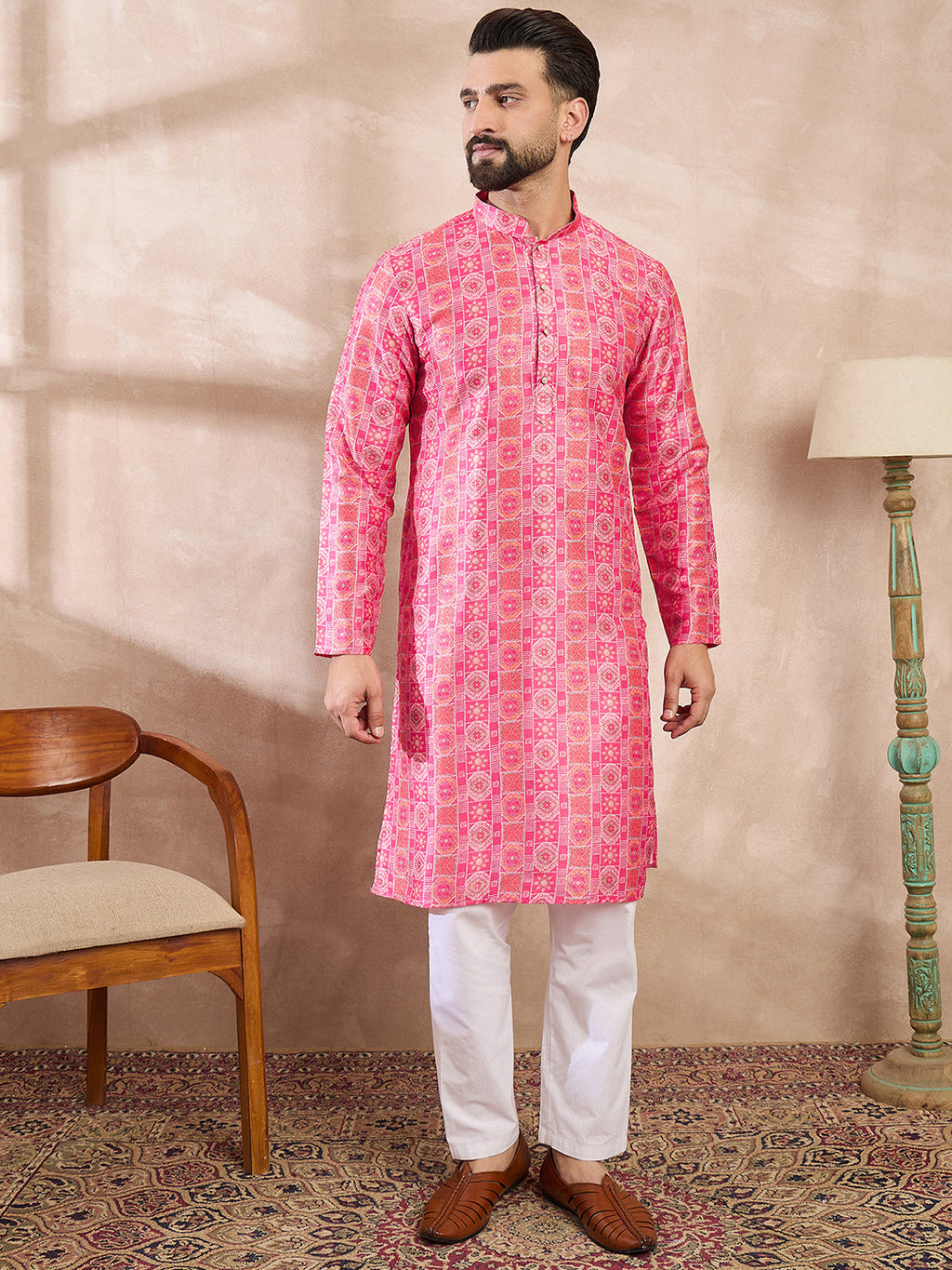 Men Pink Silk Blend Ethnic Motifs Printed Straight Kurta-MKU1990