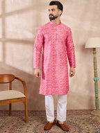 Men Pink Silk Blend Ethnic Motifs Printed Straight Kurta-MKU1990