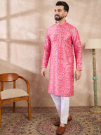 Men Pink Silk Blend Ethnic Motifs Printed Straight Kurta-MKU1990