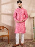 Men Pink Silk Blend Ethnic Motifs Printed Straight Kurta-MKU1990