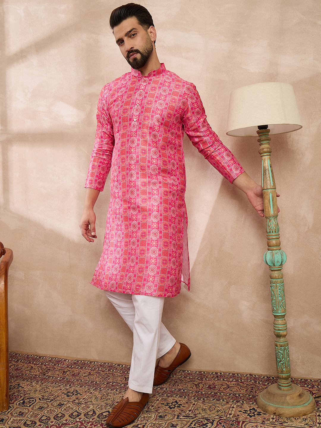 Men Pink Silk Blend Ethnic Motifs Printed Straight Kurta-MKU1990