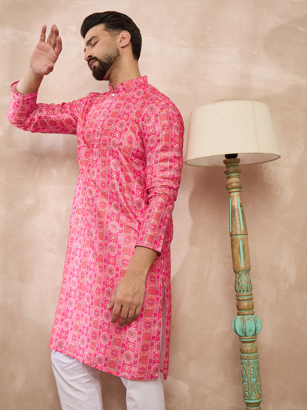 Men Pink Silk Blend Ethnic Motifs Printed Straight Kurta-MKU1990