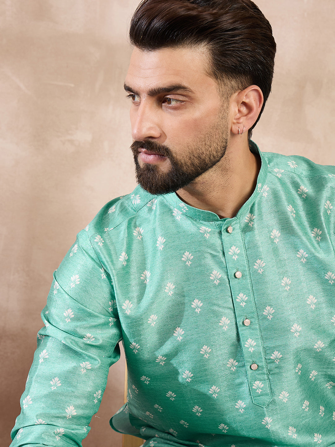 Men Teal Silk Blend Ethnic Motifs Printed Straight Kurta-MKU1992