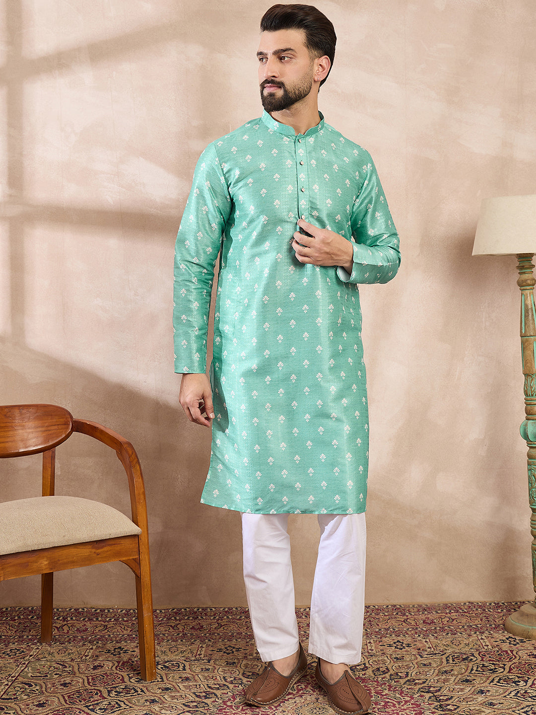 Men Teal Silk Blend Ethnic Motifs Printed Straight Kurta-MKU1992