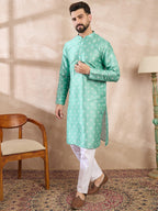 Men Teal Silk Blend Ethnic Motifs Printed Straight Kurta-MKU1992