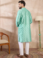 Men Teal Silk Blend Ethnic Motifs Printed Straight Kurta-MKU1992