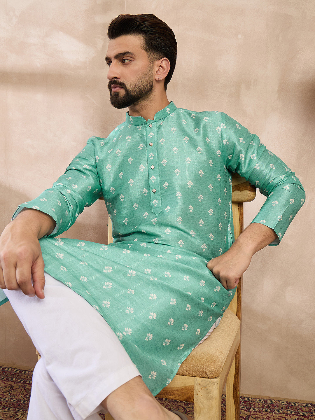 Men Teal Silk Blend Ethnic Motifs Printed Straight Kurta-MKU1992