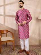 Men Pink Silk Blend Abstract Printed Straight Kurta-MKU1994
