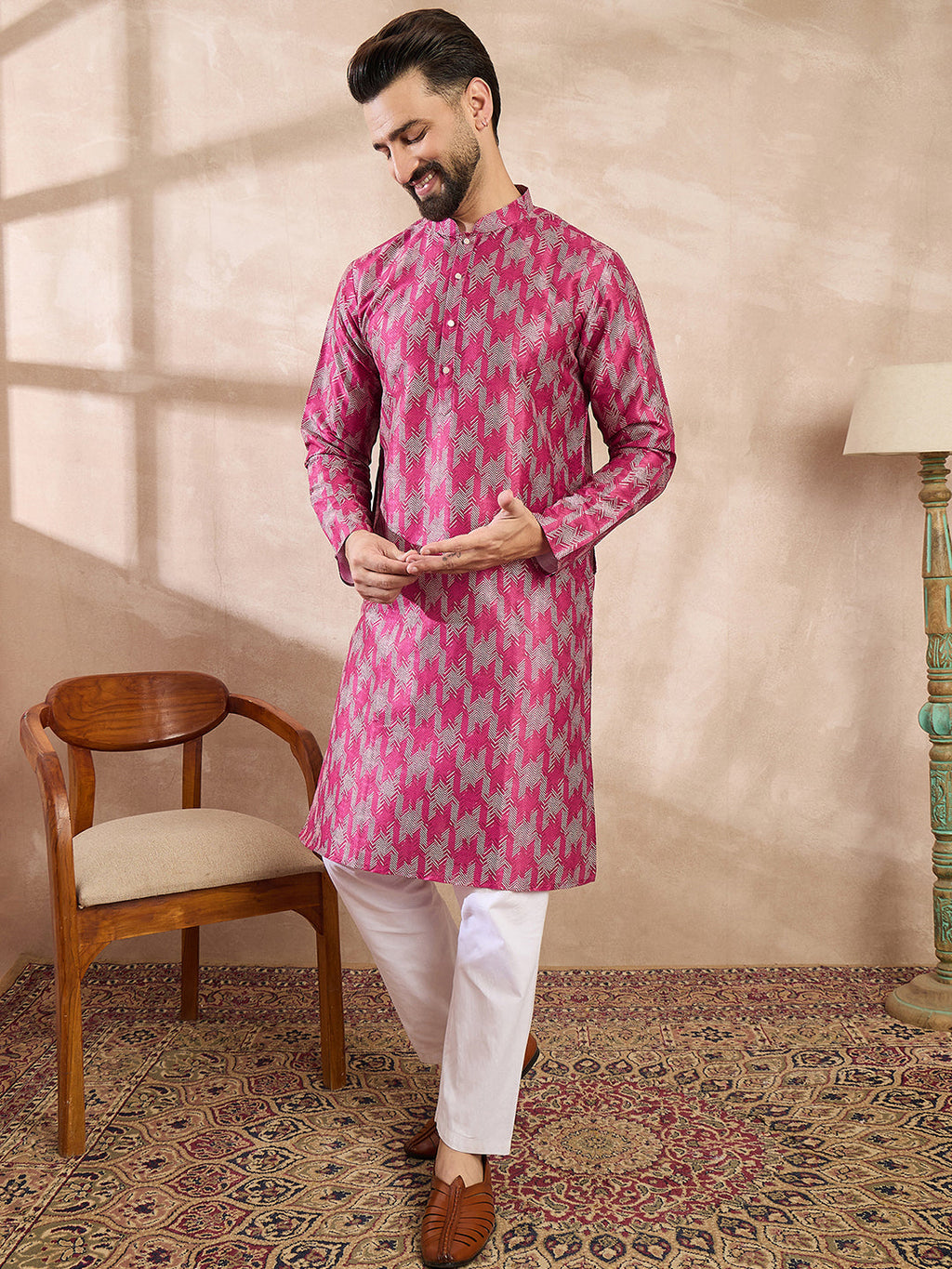 Men Pink Silk Blend Abstract Printed Straight Kurta-MKU1994