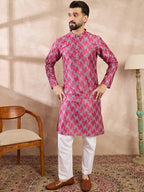 Men Pink Silk Blend Abstract Printed Straight Kurta-MKU1994