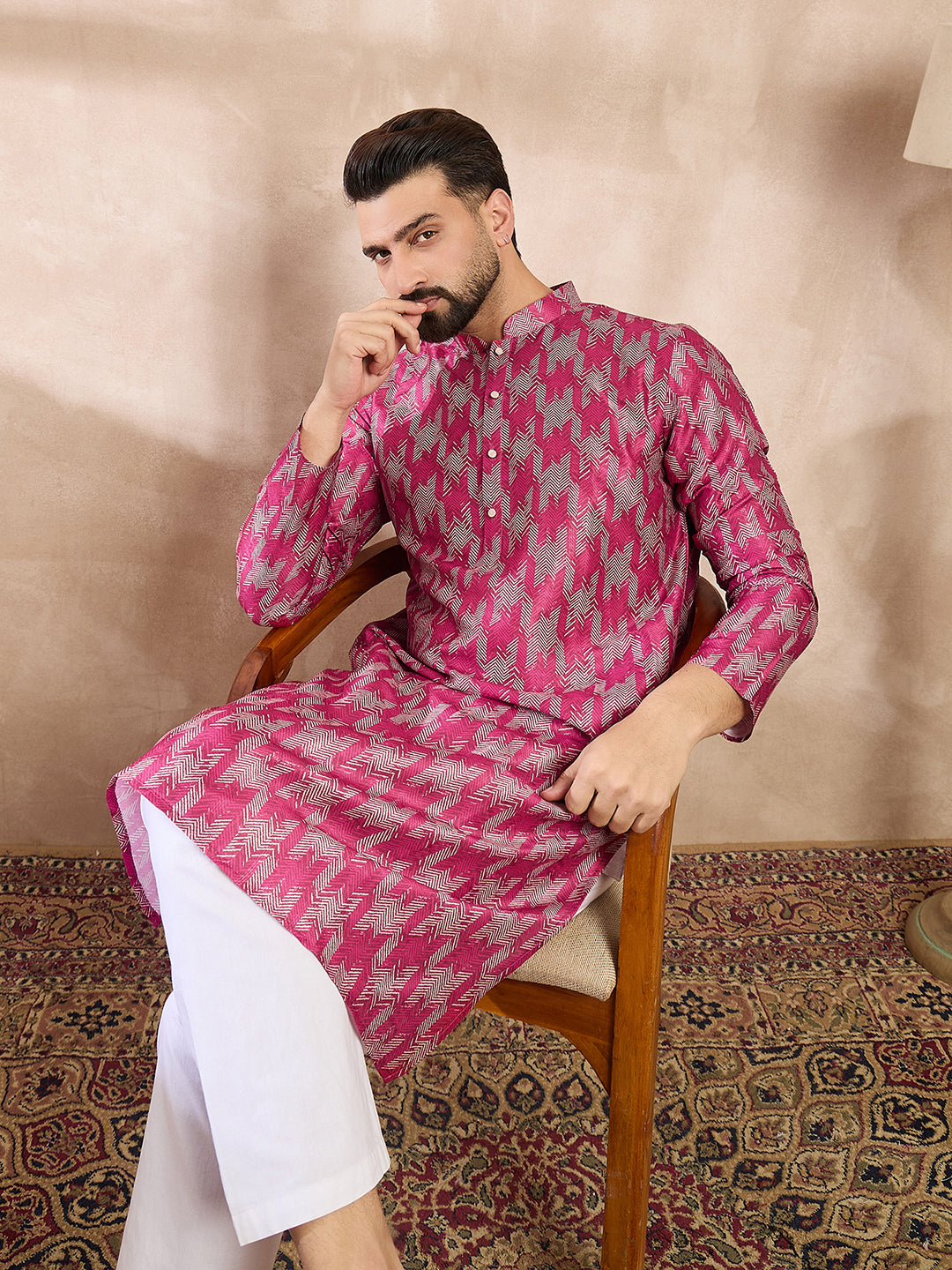 Men Pink Silk Blend Abstract Printed Straight Kurta-MKU1994