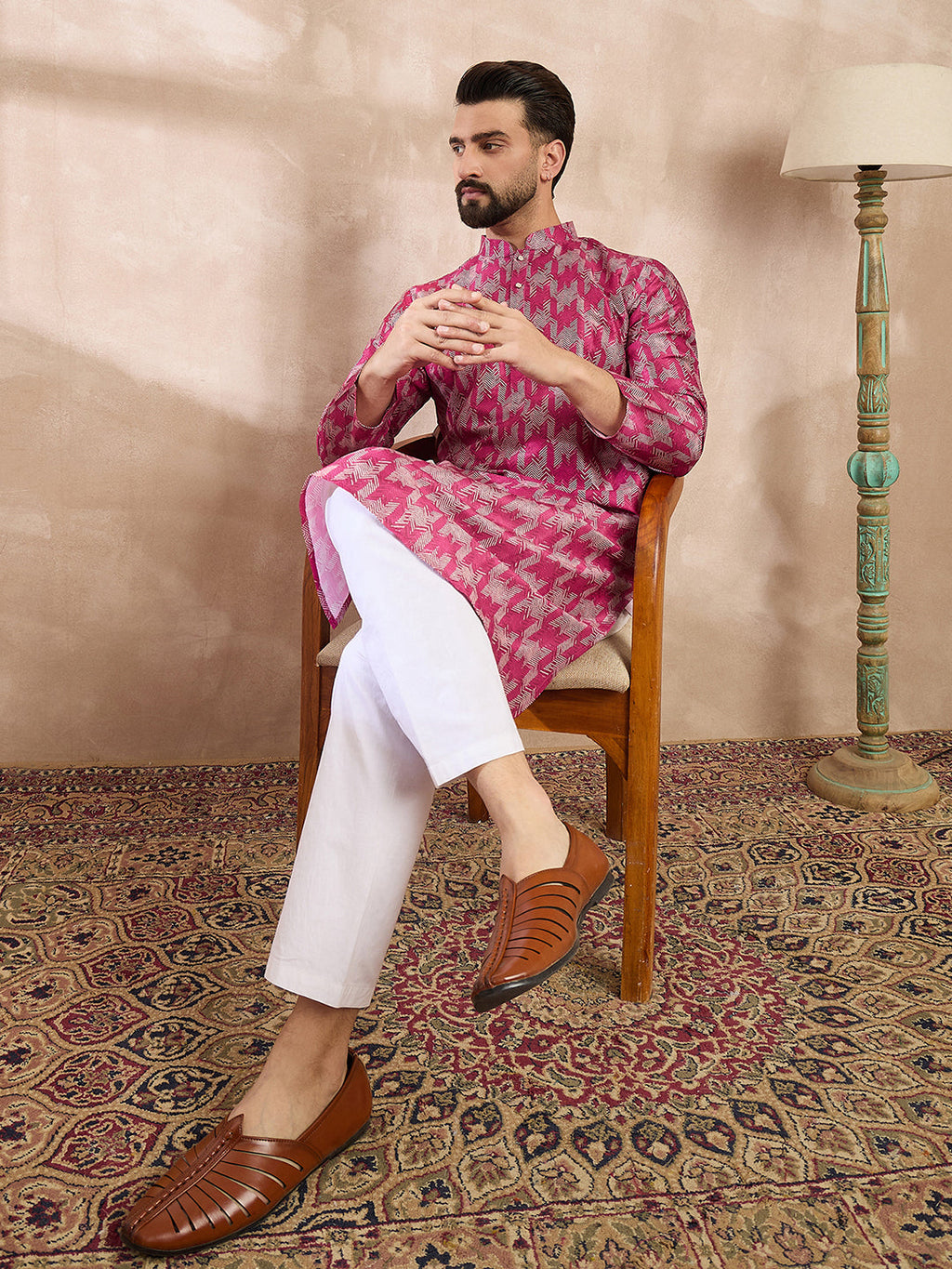 Men Pink Silk Blend Abstract Printed Straight Kurta-MKU1994