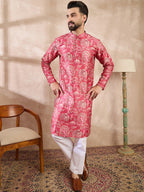 Men Pink Silk Blend Abstract Printed Straight Kurta-MKU1995