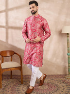 Men Pink Silk Blend Abstract Printed Straight Kurta-MKU1995