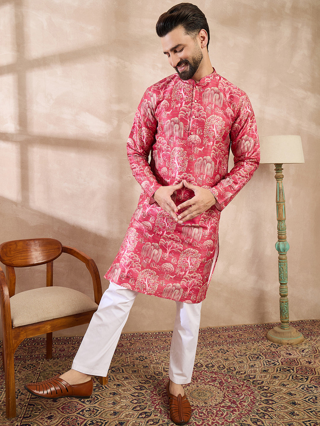 Men Pink Silk Blend Abstract Printed Straight Kurta-MKU1995