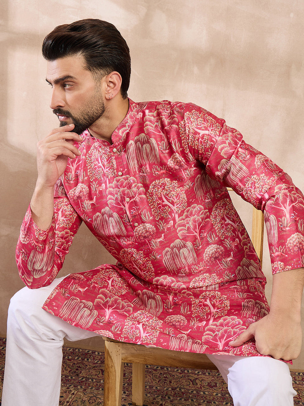 Men Pink Silk Blend Abstract Printed Straight Kurta-MKU1995