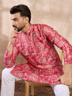 Men Pink Silk Blend Abstract Printed Straight Kurta-MKU1995