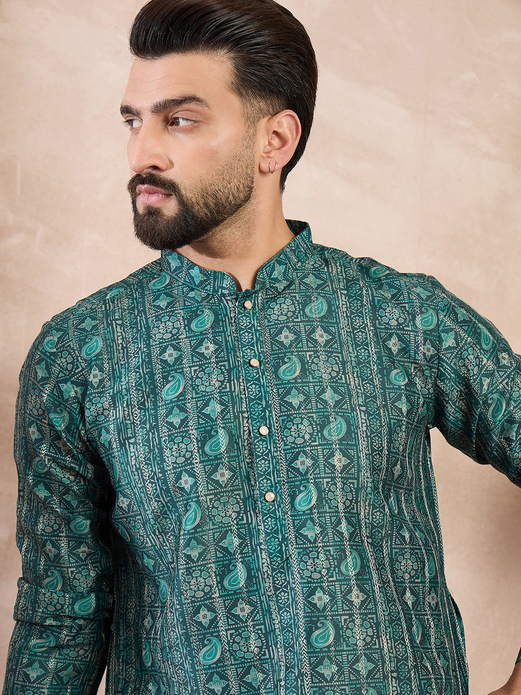 Men Green Silk Blend Ethnic Motifs Printed Straight Kurta-MKU1996