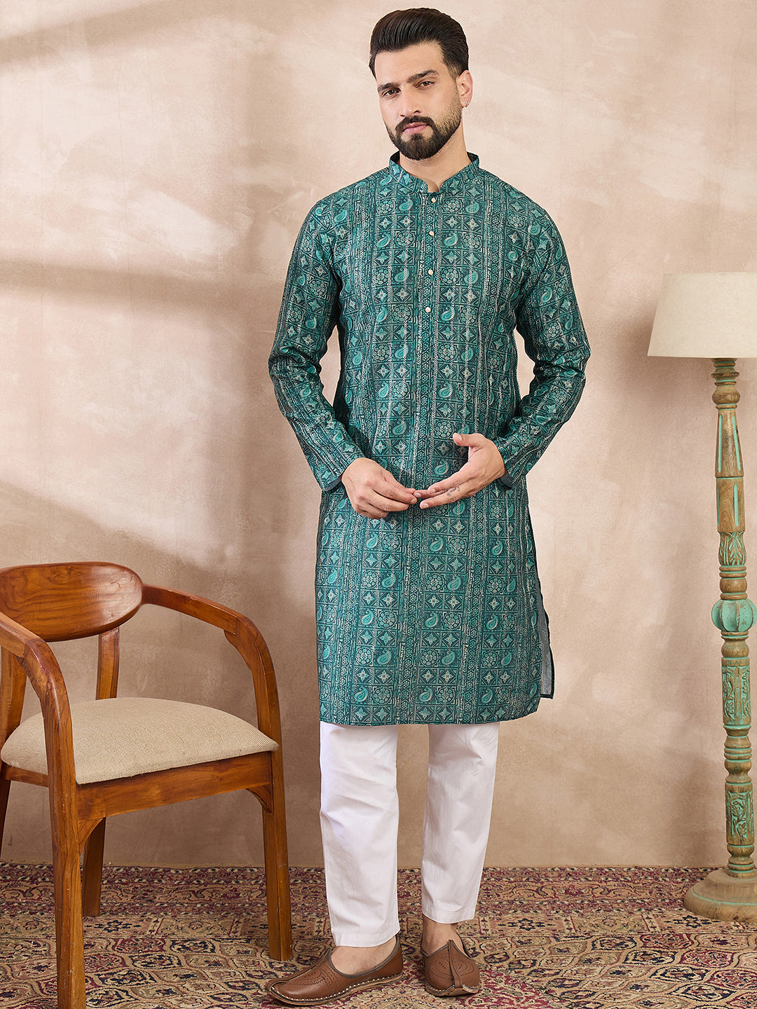 Men Green Silk Blend Ethnic Motifs Printed Straight Kurta-MKU1996