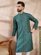 Men Green Silk Blend Ethnic Motifs Printed Straight Kurta-MKU1996