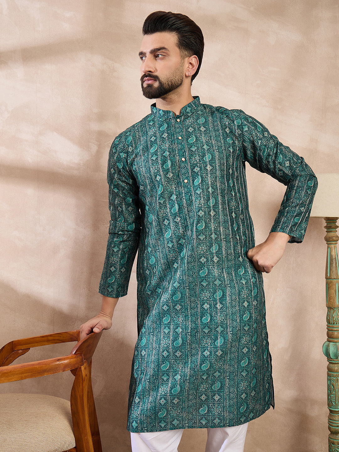 Men Green Silk Blend Ethnic Motifs Printed Straight Kurta-MKU1996