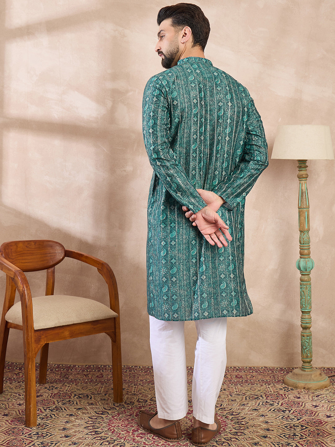 Men Green Silk Blend Ethnic Motifs Printed Straight Kurta-MKU1996