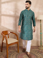Men Green Silk Blend Ethnic Motifs Printed Straight Kurta-MKU1996