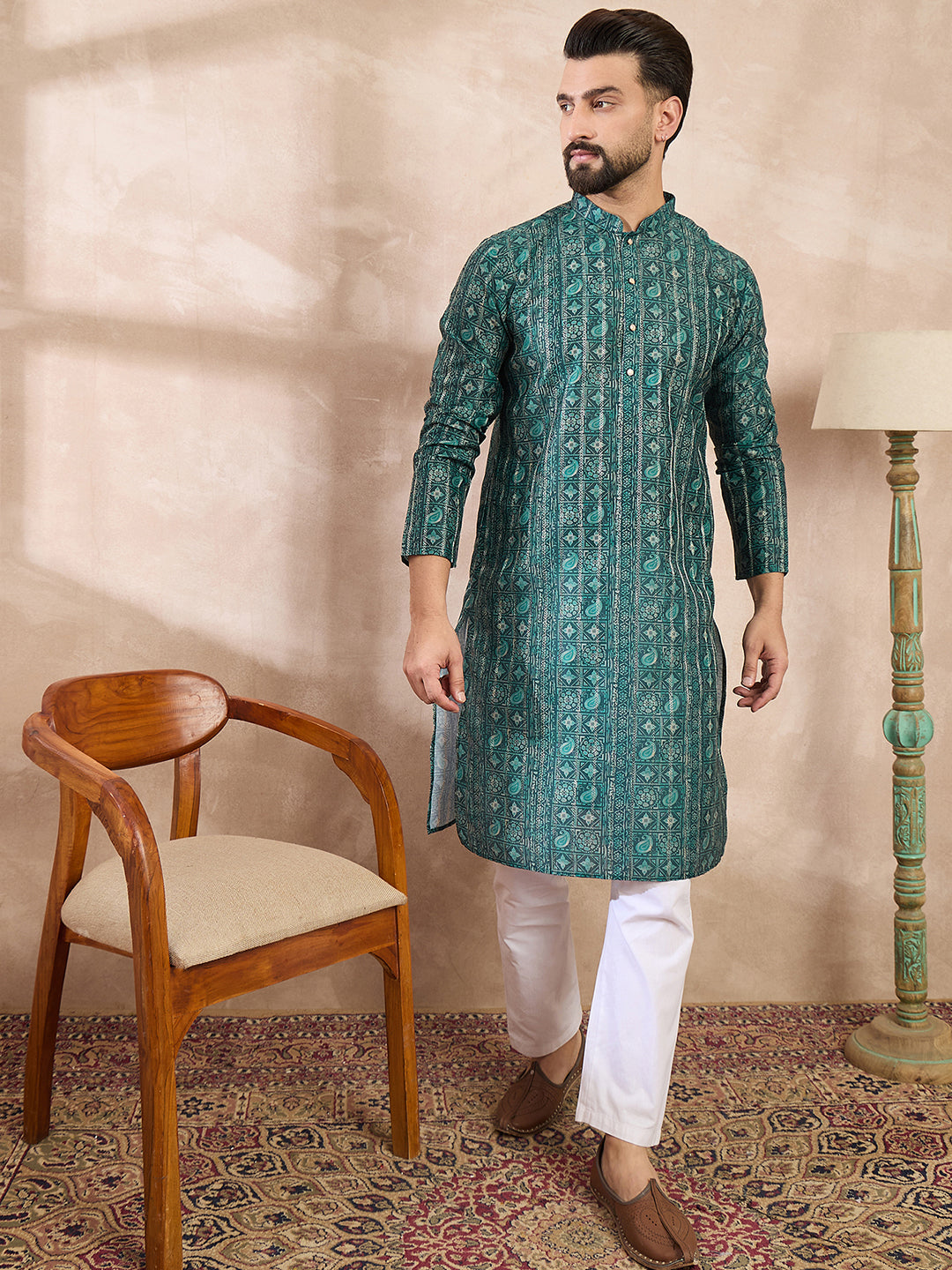 Men Green Silk Blend Ethnic Motifs Printed Straight Kurta-MKU1996