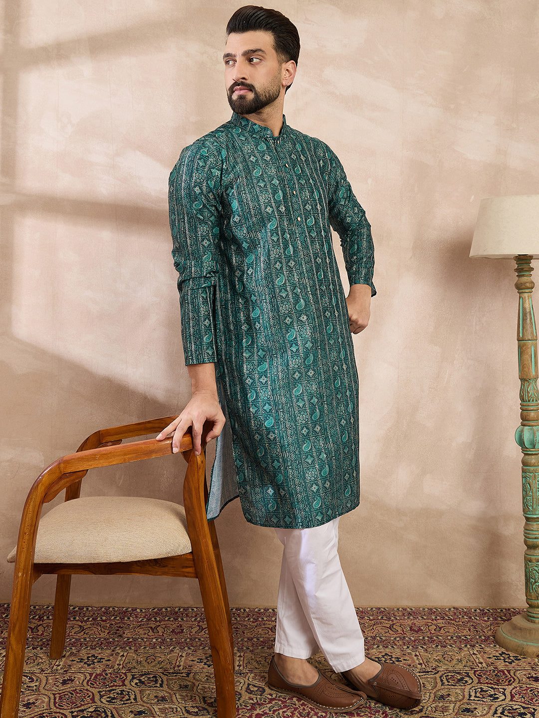 Men Green Silk Blend Ethnic Motifs Printed Straight Kurta-MKU1996