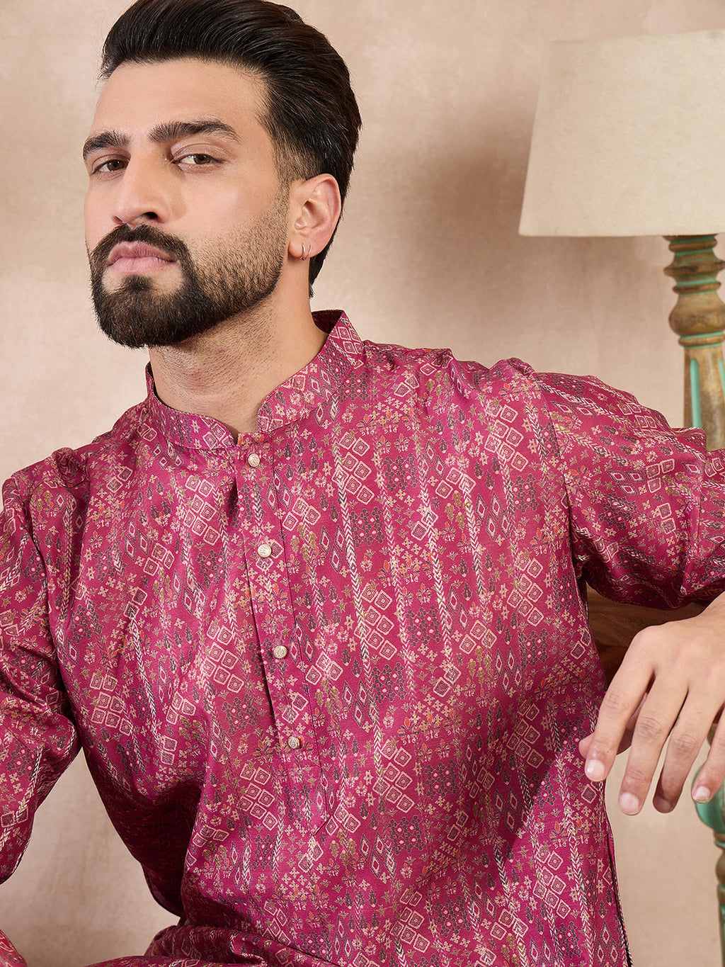 Men Pink Silk Blend Ethnic Motifs Printed Straight Kurta-MKU1997