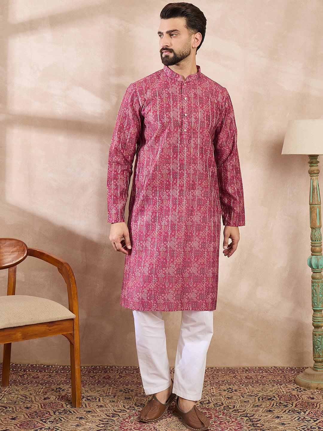 Men Pink Silk Blend Ethnic Motifs Printed Straight Kurta-MKU1997