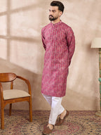 Men Pink Silk Blend Ethnic Motifs Printed Straight Kurta-MKU1997