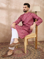 Men Pink Silk Blend Ethnic Motifs Printed Straight Kurta-MKU1997