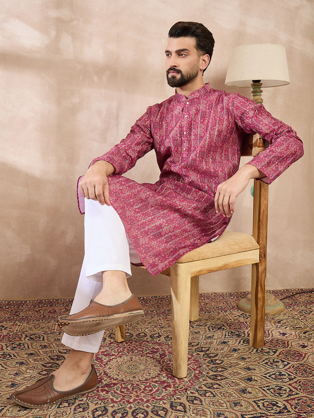 Men Pink Silk Blend Ethnic Motifs Printed Straight Kurta-MKU1997