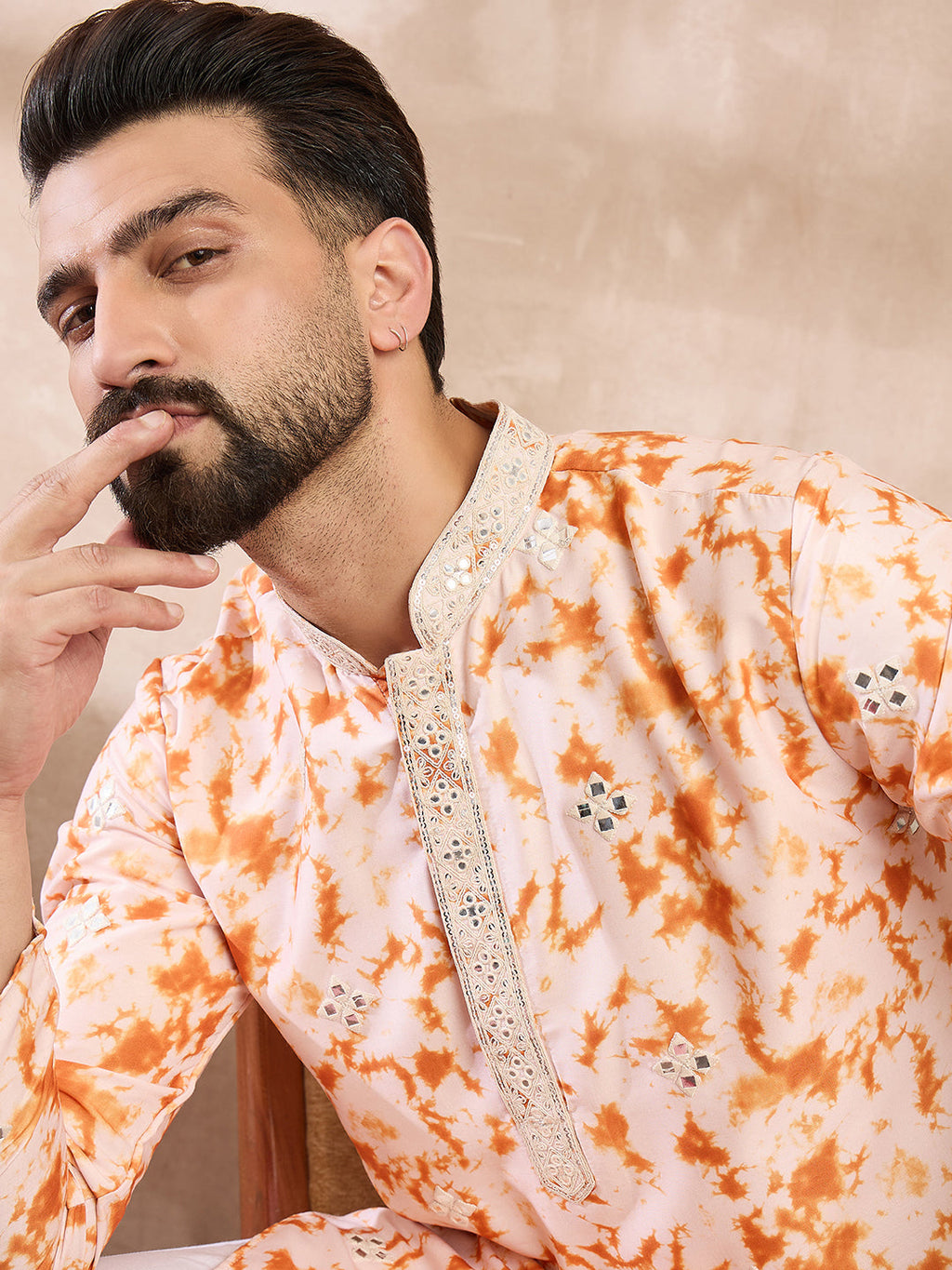 Men Orange Silk Blend Solid Embroidered Straight Kurta-MKU2002