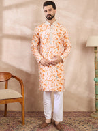 Men Orange Silk Blend Solid Embroidered Straight Kurta-MKU2002