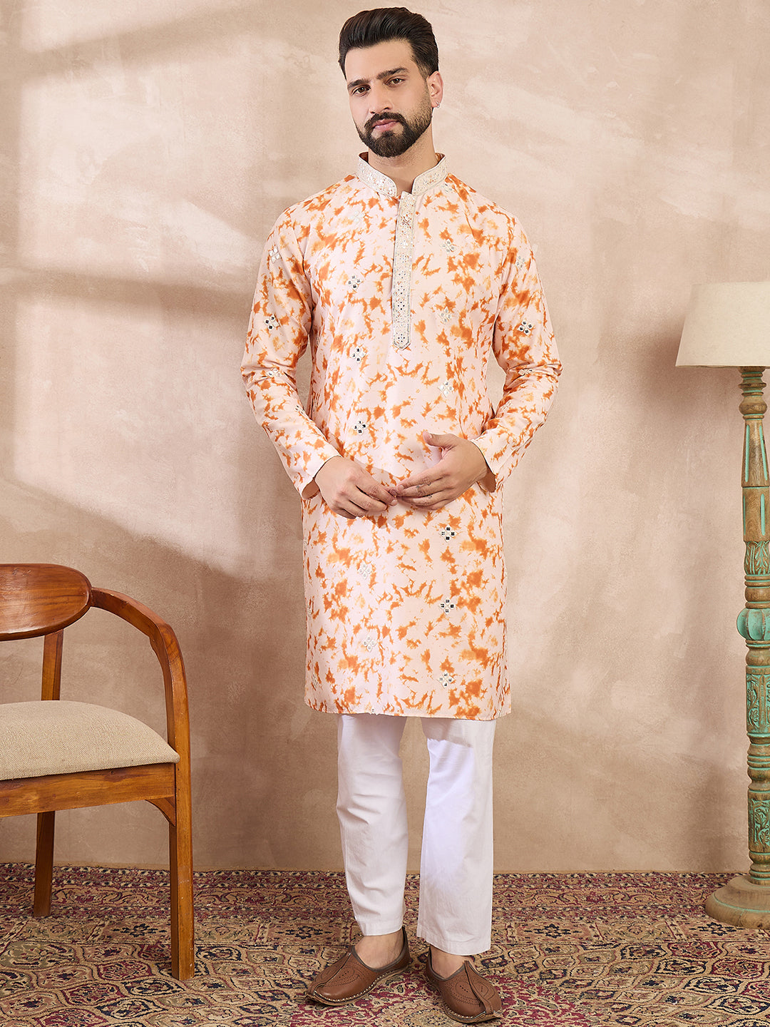 Men Orange Silk Blend Solid Embroidered Straight Kurta-MKU2002