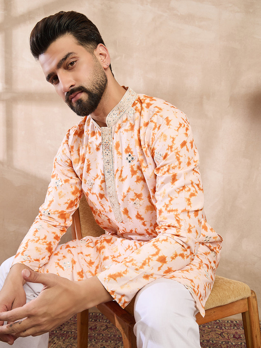 Men Orange Silk Blend Solid Embroidered Straight Kurta-MKU2002