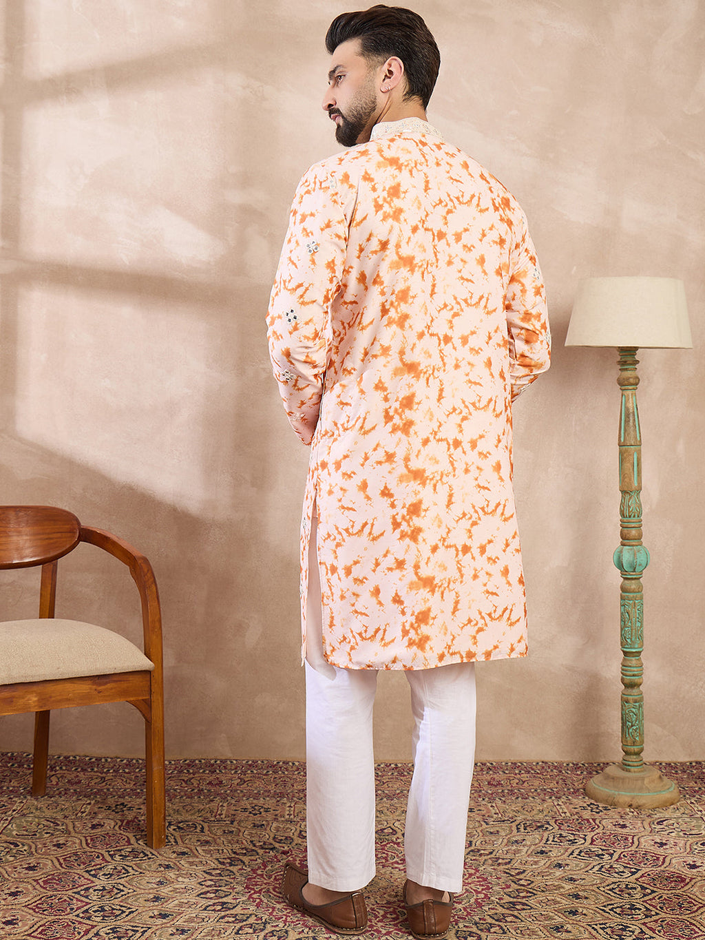 Men Orange Silk Blend Solid Embroidered Straight Kurta-MKU2002