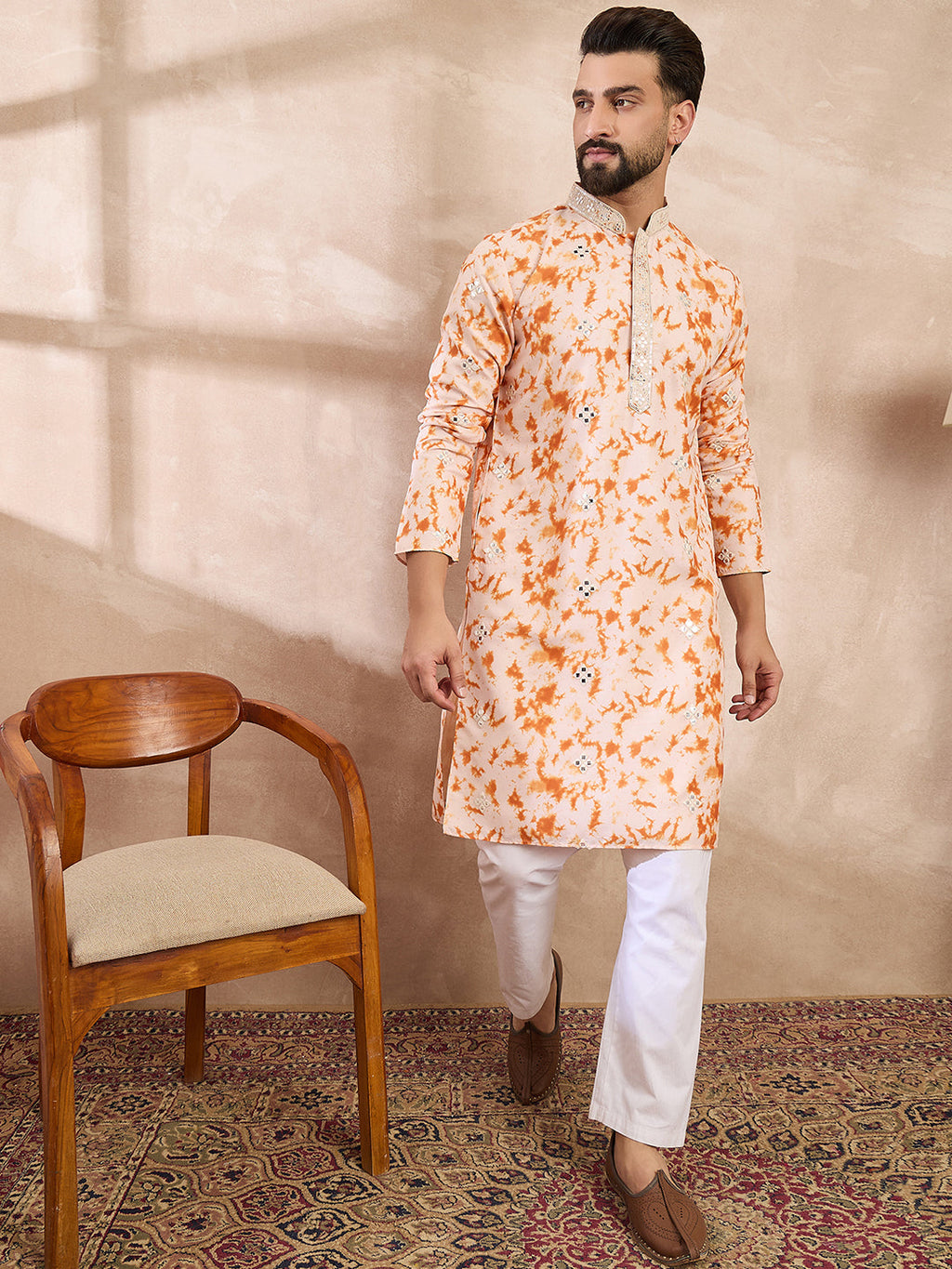 Men Orange Silk Blend Solid Embroidered Straight Kurta-MKU2002