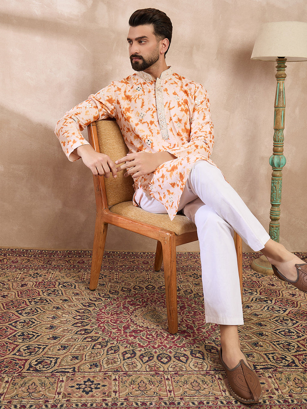 Men Orange Silk Blend Solid Embroidered Straight Kurta-MKU2002