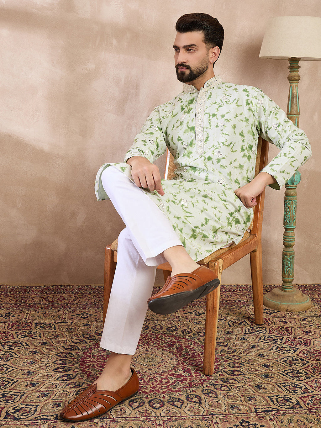 Men Green Silk Blend Solid Embroidered Straight Kurta-MKU2003