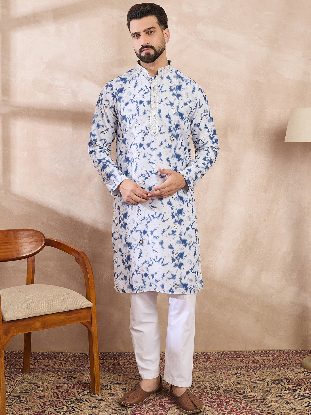 Men Blue Silk Blend Solid Embroidered Straight Kurta-MKU2004