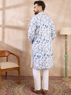 Men Blue Silk Blend Solid Embroidered Straight Kurta-MKU2004