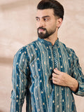 Men Turquoise Blue Silk Blend Abstract Printed Straight Kurta-MKU2005