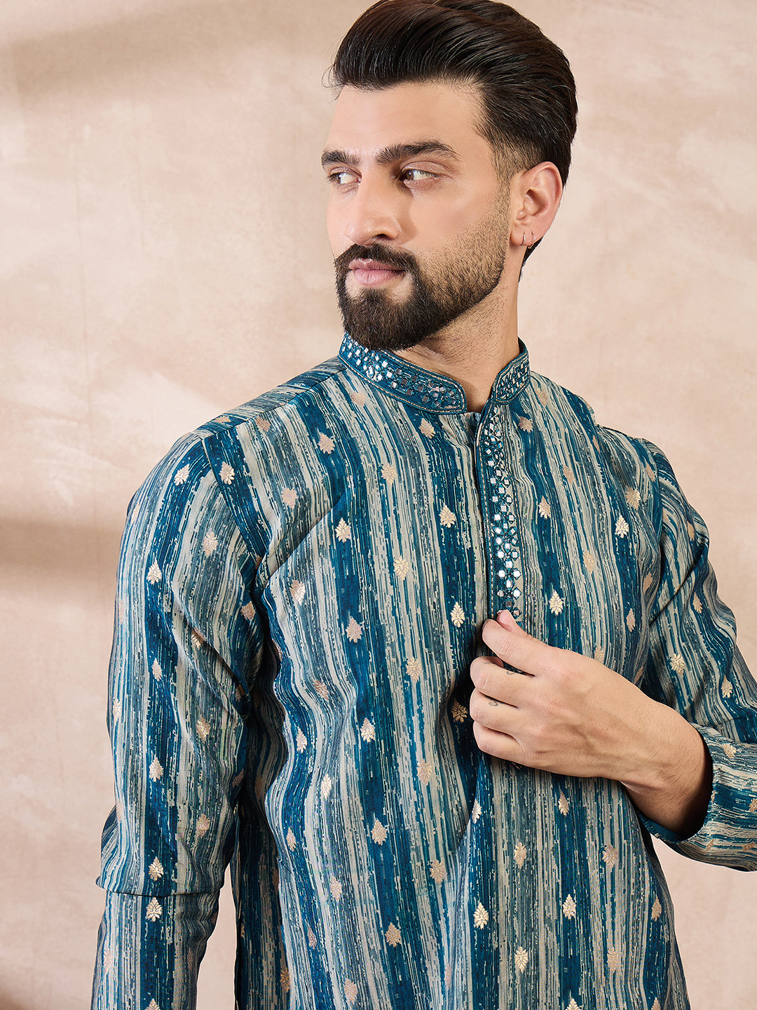 Men Turquoise Blue Silk Blend Abstract Printed Straight Kurta-MKU2005
