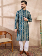 Men Turquoise Blue Silk Blend Abstract Printed Straight Kurta-MKU2005